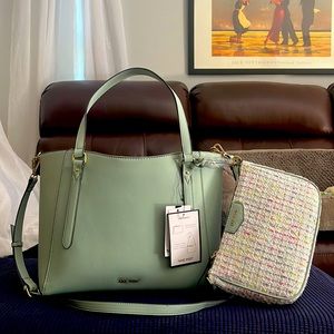 9 West: Sage green 2 in 1 tote bag, NWT: with Bonus Sea glass patterned Pouch